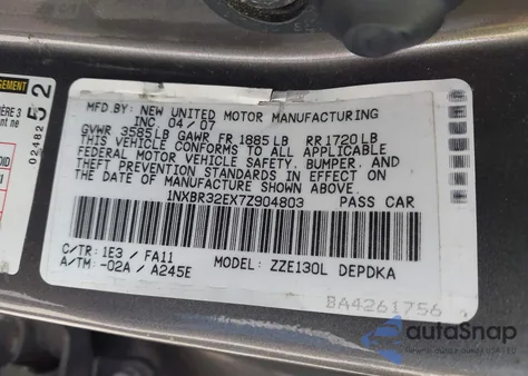 2007 Toyota Corolla Ce из США, поврежденный, VIN 1NXBR32EX7Z904803